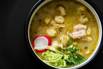Green Pozole, traditional Mexican cuisine, hominy stew