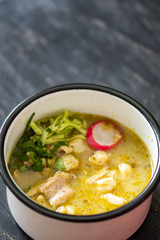 Green Pozole, traditional Mexican cuisine, hominy stew