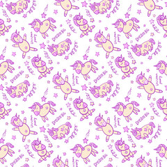 Cute seamless pattern with little cartoon pony and stars, vector texture