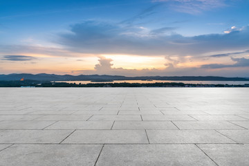 Road surface and urban architectural landscape skyline