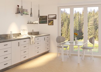 The interior of the beautiful cozy kitchen with panoramic windows. Worktop and table with chairs. View of the forest and the lake from the window. 3D rendering. 3D illustration.
