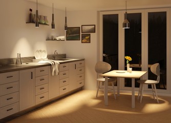 Night kitchen interior with lighted counter top. Dining table with chairs. Large panoramic window. 3D rendering. 3D illustration.