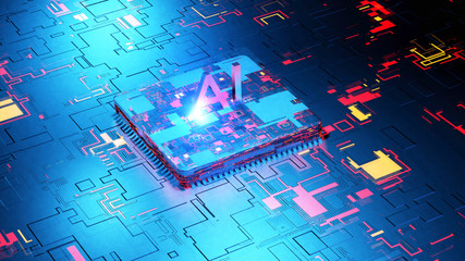 3D Render of the future concept of AI artificial intelligence technology CPU central processor unit and circuit board for electronics and technology