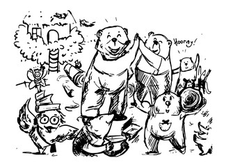 vector digital sketchy illustration of some forest inhabitants. Monochrome image.