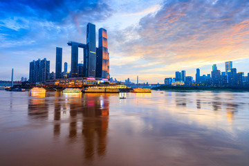 Chaotianmen wharf skyline and buildings at sunset in Chongqing,China.panoramic view.