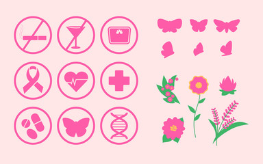 Set of vector breast cancer icons warning