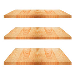 Set of empty brown wooden shelf isolated on white background. for montage of your product