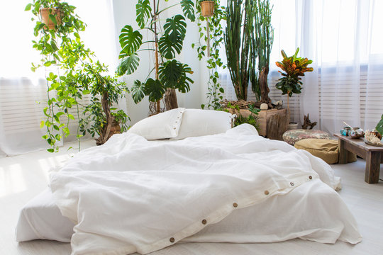 natural eco-friendly linen bed in the interior