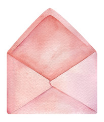 Open pink envelope. An empty envelope. Decorative element. Blank envelope. Hand drawn watercolor illustration on a white background