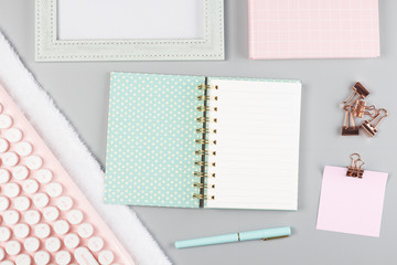 flat lay stationery collocate on work desk in pastel colorful background