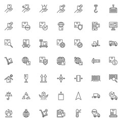 Cargo logistics line icons set. Parcel shipping linear style symbols collection outline signs pack. vector graphics. Set includes icons as Courier delivery, order tracking, package weighing, container