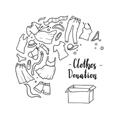 Hand drawn illustration of clothes donate, charity, care concept. Doodle sketch style elements of clothes, donation box for logotype, banner, icon design. Vector illustration.