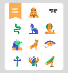 Egypt icon set 1. Include Sphinx, Horus, Ankh, Cobra, owl and more. Flat icons Design. vector