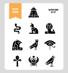 Fototapeta premium Egypt icon set 1. Include Sphinx, Horus, Ankh, Cobra, owl and more. Glyph icons Design. vector