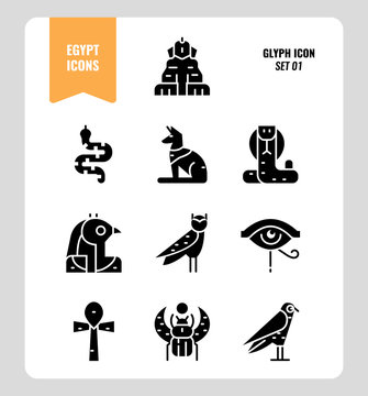 Egypt icon set 1. Include Sphinx, Horus, Ankh, Cobra, owl and more. Glyph icons Design. vector