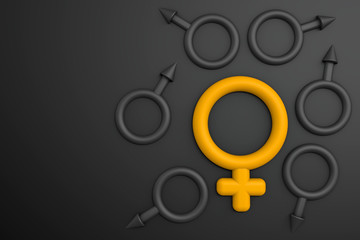 3d rendering of International Women's Day concept with women and men gender symbols. Yellow women symbol sign and black men symbol sings on black background. March 8th. copy space. banner.