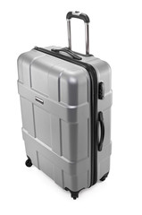 One gray modern travel suitcase with opened handle
