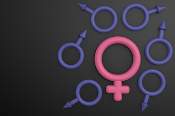 3d rendering of International Women's Day concept with women and men gender symbols. Pink women symbol sign and blue men symbol sings on black background. March 8th. copy space. banner.