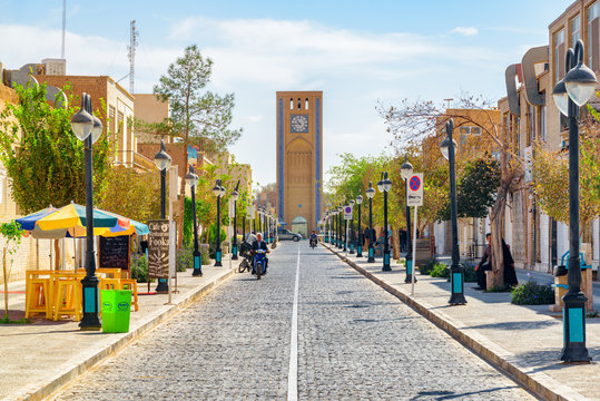Awesome view of Masjed Jame Street and clock tower, Yazd