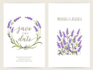 Lavender frame for marriage invitation and Save the date. The provence card with frame of flowers and text place. Marriage label with lavender flowers. Vector illustration.