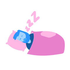 Cartoon man sleeping in a bed. Cartoon design icon. Colorful flat vector illustration. Isolated on white background.