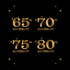 65, 70, 75, 80 years anniversary gold number. Set of anniversary for celebration with dark background