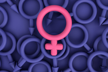 3d rendering of International Women's Day concept with women and men gender symbols. Pink women symbol sign and blue men symbol sings on blue background. March 8th. copy space. banner.