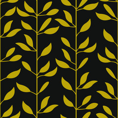 Abstract floral seamless pattern with vertical golden branches and leaves on black background; floral design for fabric, wallpaper, textile, web design.