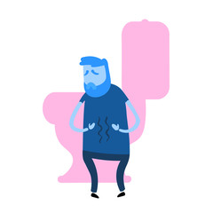 Guy looking down at his growling stomach. Digestion problem. Flat design icon. Flat vector illustration. Isolated on white background.