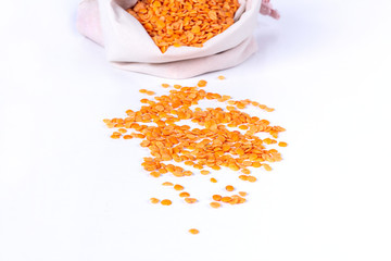 Groceries in eco bags. Natural cotton bags with cereal, eco friendly. Sustainable lifestyle concept. Zero waste food shopping. Plastic free items. Reuse, reduce, recycle, refuse