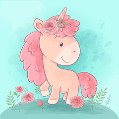 A cute cartoon unicorn stands in a clearing with flowers. Vector illustration