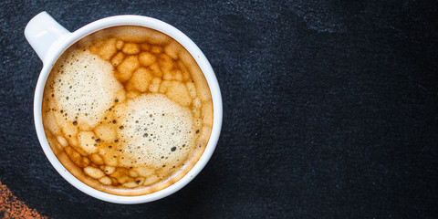 coffee drink and coffee grain (beverage, delicious hot drink). top view. copy space