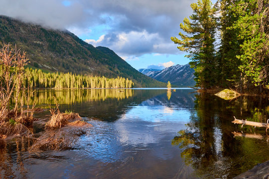 View of the Rakhmanov lake. Katon Karagai National Park. East Kazakhstan region. The Rakhmanovskiye lake is located of 1750 meters above sea level.