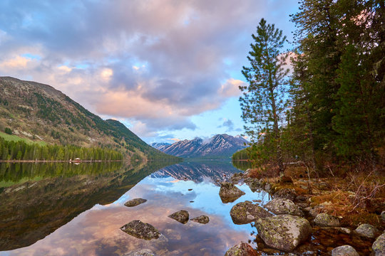 View of the Rakhmanov lake. Katon Karagai National Park. East Kazakhstan region. The Rakhmanovskiye lake is located of 1750 meters above sea level.