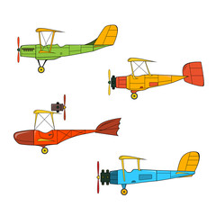 Set of antique planes in cartoon style on white background. Collection with retro planes.