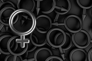 3d rendering of International Women's Day concept with women and men gender symbols. Silver women symbol sign and black men symbol sings on black background. March 8th. copy space. banner.