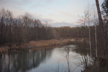 Autumn forest river landscape. Autumn river in forest. Forest river in autumn. Autumn forest river view