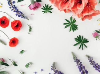 Frame with flowers on white background top view