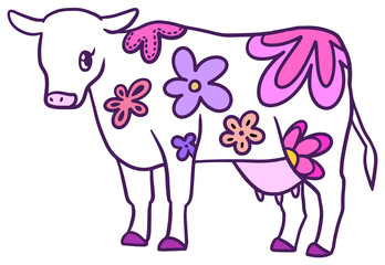 花柄の牛のイラスト＿ピンク