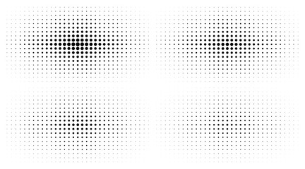 Set of Halftone gradient textures isolated on white background. Comic dotted pattern using halftone circle dot raster texture. Pop art retro style. Vector blot half tone collection.