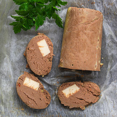 liver pate (delicious snack) menu concept. food background. top view. copy space