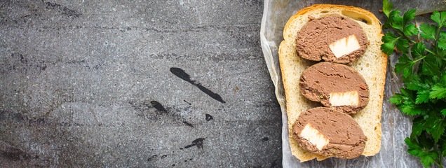 liver pate (delicious snack) menu concept. food background. top view. copy space