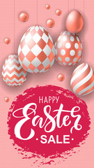 Happy Easter Sale flyer with realistic pink golden eggs on pink background. Template of 3d easter eggs with patten for card, invitation, sale, web, story. Greeting card trendy design