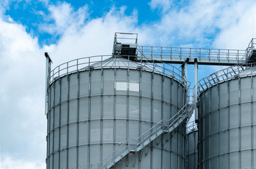 Agricultural silo at feed mill factory. Big tank for store grain in feed manufacturing. Seed stock tower for animal feed production. Commercial feed for livestock, swine and fish industries.