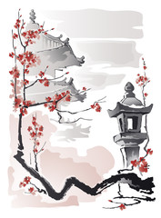 Stone Lantern, Pagoda and Sakura branch. Vector drawing in traditional Japanese style Sumi-e.