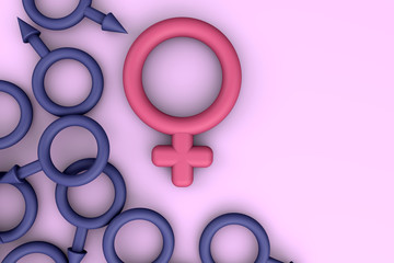 3d rendering of International Women's Day concept with women and men gender symbols. Pink women symbol sign and blue men symbol sings on pink background. March 8th. copy space. banner.
