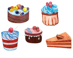 watercolor cake set. Hand-drawn desserts. sweets with biscuit cream. muffin with marshmallows. puff cakes, curd dessert in a glass