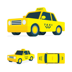 Taxi. Isometric taxi vector illustrations collection. Low poly taxi car graphic. Simple drawing car top, side and front views. Part of set.