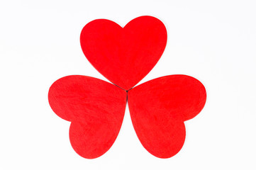 three red hearts on a white background, mock up, copy space