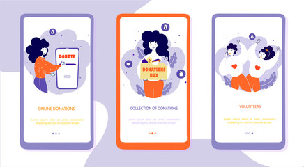 Charitable organization onboarding mobile app screen vector templates set